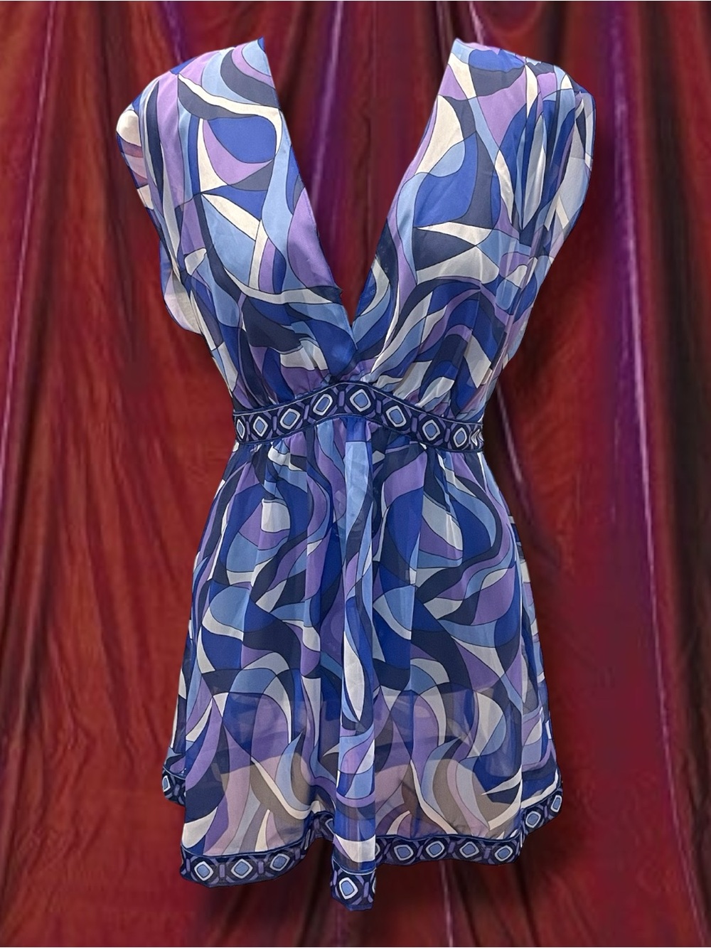 Profile hippy groovy Blue Purple Sheer Abstract Print Tunic Blouse Medium